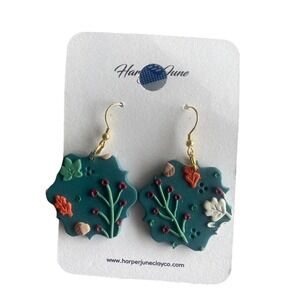Artisan Earrings Teal Floral Polymer‎ Clay  Dangle Art to Wear Boho Unique Artsy